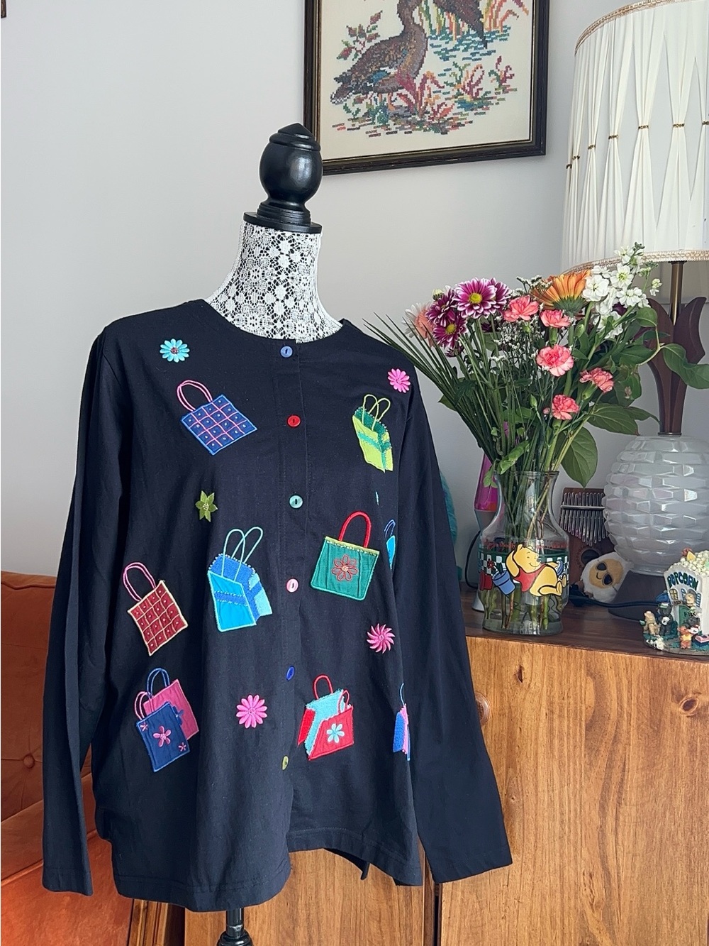 Women’s Black Embroidered Tote Motif Cardigan Sweater
